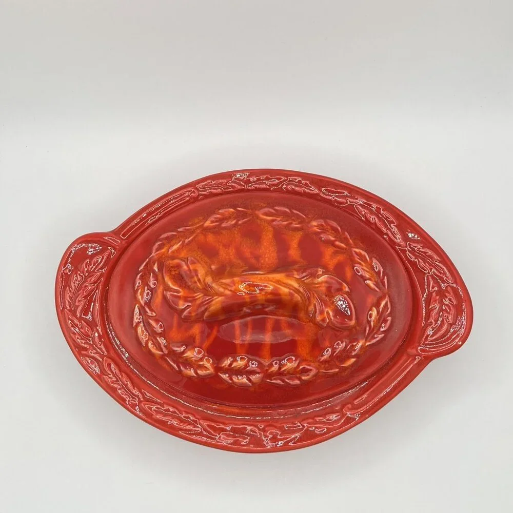 Vintage California USA Pottery Oval Red Glazed Casserole Serving Dish 2936 w/Lid
